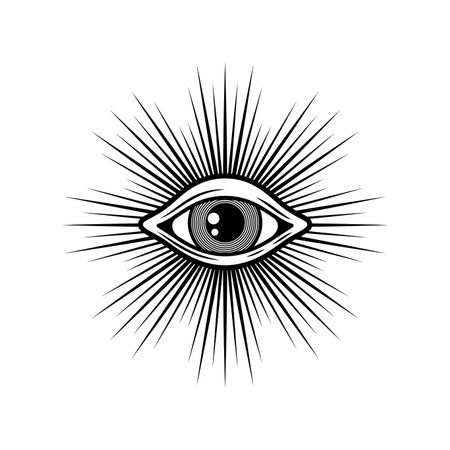 Sacred geometry illuminati eye with sun rays, occultism religion spiritual talisman. Vintage mystic tattoo providence signのイラスト素材