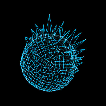 3d futuristic sphere and ball with spikes shape. Wireframe structure, futuristic blue wire line vector ball or cyber dimensional sphere grid model. Digital technology geometric hologramのイラスト素材