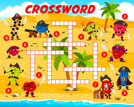 Crossword quiz game with berry pirates and corsairs characters. Vector word puzzle worksheet, kids grid with bird cherry, blueberry, gooseberry and grape. Cranberry, raspberry or strawberry buccaneersのイラスト素材