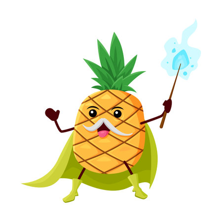 Cartoon pineapple fruit wizard or magician character. Funny vector magic personage in cloak with wand. Senior wiz or sorcerer with cute face, tropical fruit enchanter, isolated necromancer casts spellのイラスト素材