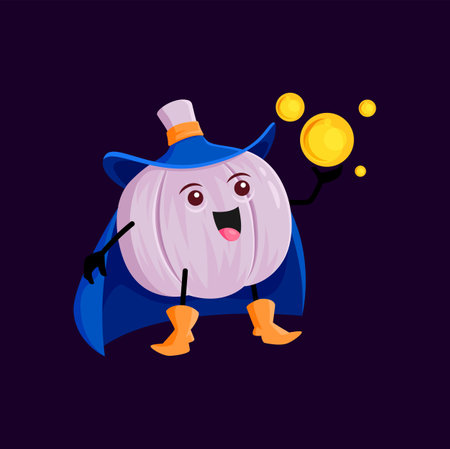 Cartoon garlic Halloween vegetable wizard, witch and mage character. Vector spicy veggies magician with mystic sphere conjuring spells and performing tricks promoting wonder and fantasy-themed contentのイラスト素材