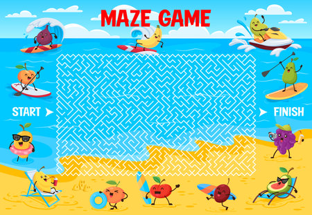 Labyrinth maze game. Cartoon funny fruits on summer beach vacation. Kids find way puzzle vector worksheet with fig, peach, banana, guava and grape, mango cute character surfing and sunbathing on beachのイラスト素材