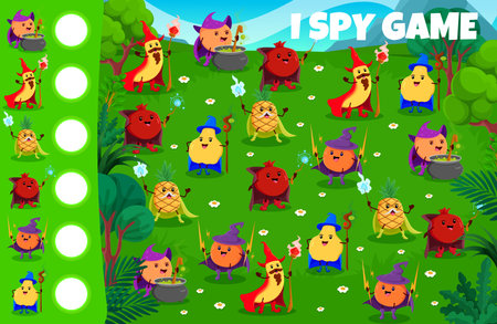 I spy game worksheet. Cartoon Halloween fruit wizards and mages. Kids vector riddle with peach, banana, pineapple and garnet, orange with quince warlocks on green field with magical staffs and potsのイラスト素材