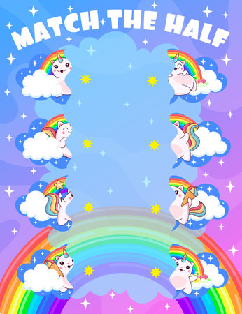 Match the half of magic caticorn cat and kitten characters. Vector game worksheet with cute kawaii cartoon feline unicorn characters on sky with rainbow and clouds. Connect separated pieces riddleのイラスト素材