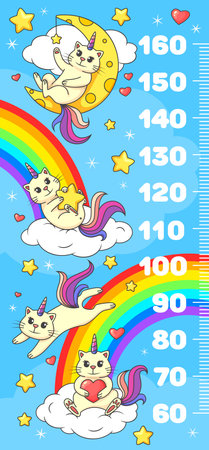 Kids height chart ruler with cartoon funny caticorn cats on rainbow, vector growth meter. Baby tall measure ruler with cartoon cat unicorn on cloud and moon, kitty caticorn with magic star and heartのイラスト素材