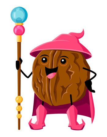 Cartoon walnut nut wizard character. Isolated vector funny wiz grasp on enchanted staff standing in confident pose. Comic joyous witchcraft whole kernel Halloween personage in pink cape and pointy hatのイラスト素材