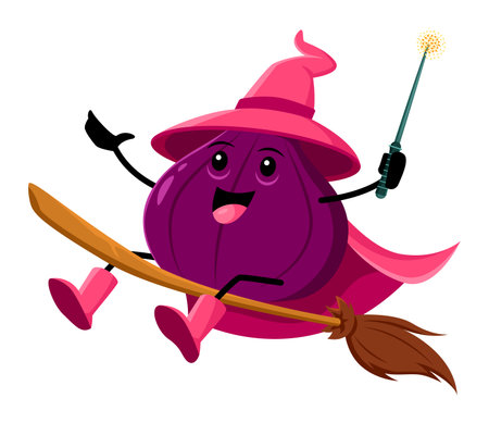 Cartoon figs fruit wizard or magician character riding broomstick. Funny vector magic Halloween personage in hat flying on wooden broom. Smiling tropical fruit wiz or sorcerer hurry for coven partyのイラスト素材