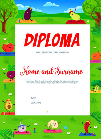 Kids diploma template. Funny vegetable characters on yoga. Education school certificate with vector cartoon avocado, pumpkin, squash, tomato and broccoli. Beetroot, cauliflower, chili pepper or garlicのイラスト素材