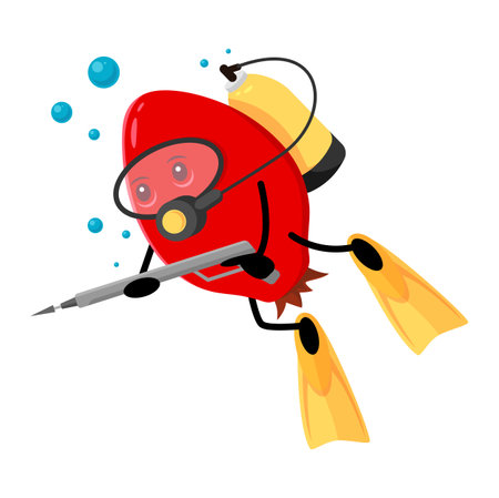 Cartoon rosehip berry character diver hunt with underwater gun at summer getaway. Vector amusing rose hip engaging in scuba diving leisure. Humorous diver food personage relaxing in sea huntingのイラスト素材