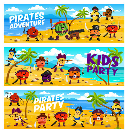 Cartoon fruit pirates and corsairs characters on treasure island. Vector horizontal banners with garnet, watermelon, orange and mango, kiwi, apple or banana. Plum, quince and peach funny picaroonsのイラスト素材