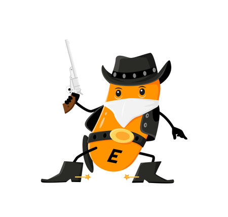 Cartoon vitamin E, Wild West robber character with shotgun, vector Western bandit. Kids funny cute vitamin E mascot in cowboy hat and Texas bandit neckerchief bandana as Wild West robberのイラスト素材