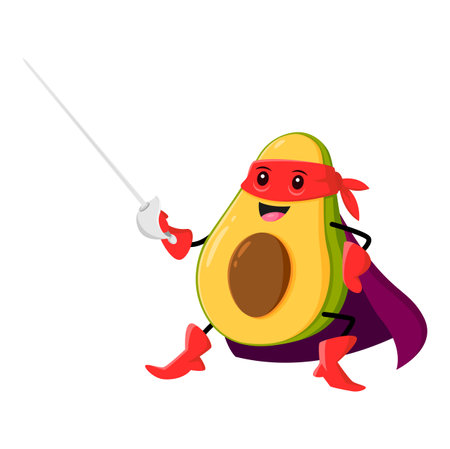 Cartoon avocado super hero vegetable character fencing with rapier. Isolated vector superhero comics book veggies personage in cape and mask ready for fighting with sword. Funny healthy vitamin foodのイラスト素材