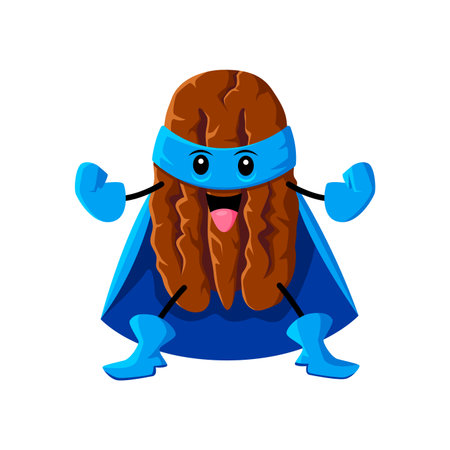 Cartoon pecan nut superhero character in blue mask, cape and gloves. Nut strong warrior, food hero or legume defender funny vector character. Isolated pecan superhero cute mascot or personageのイラスト素材