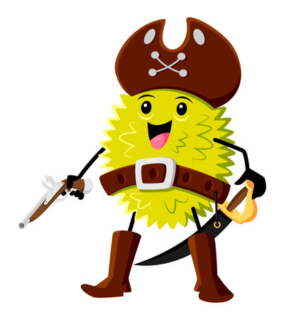 Cartoon durian fruit pirate character wielding gun and sword, tough and intimidating. Isolated vector tropical jackfruit rover adventurous personage ready to defend his treasure or raid ships for lootのイラスト素材