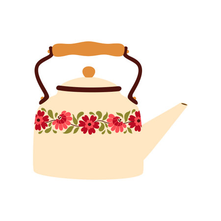 Kettle with floral print, cartoon ceramic teapot. Vector decorative kitchen tool, household utensil, ceramic drinkware for chinese tea ceremonyのイラスト素材