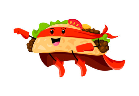 Cartoon fast food happy taco superhero character. Mexican street food meal defender comical personage, fast food dish defender or taco flying superhero childish isolated vector character or mascotのイラスト素材