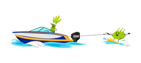 Cartoon cheerful asparagus and kohlrabi vegetable characters on summer beach vacation riding jet ski. Vector veggies sportsman riding water skis on rope and boat. Watersport recreation, activity, funのイラスト素材