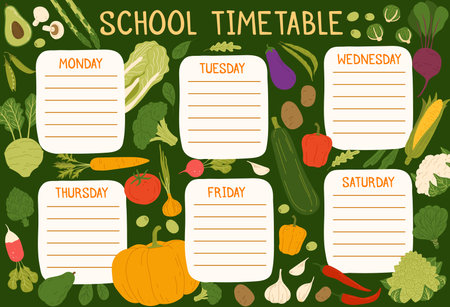 Education timetable schedule with harvest raw vegetables. School lessons week timetable, classes vector daily planner with pumpkin, broccoli, potato, garlic and zucchini, corn farm cartoon veggieのイラスト素材