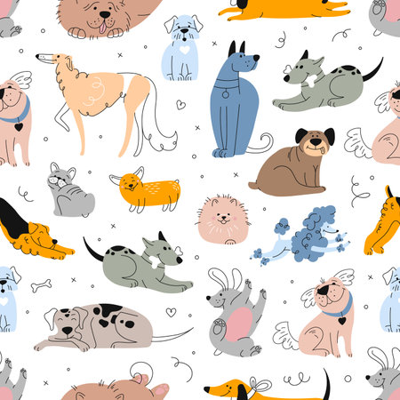 Cute dogs and puppies seamless pattern. Happy pet animals vector doodle background with hand drawn labrador, bulldog, pug and poodle, beagle, terrier, dachshund and corgi dog breeds in different posesのイラスト素材