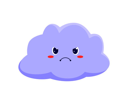 Angry cloud weather forecast cartoon character. Vector rainy weather emoticon, cute personage of sky, angry quirky emoji of cloudのイラスト素材