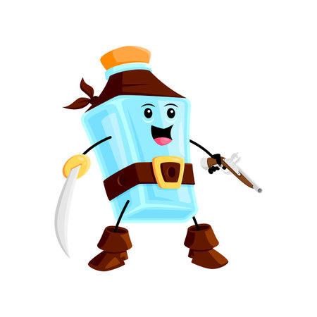 Cartoon pulque pirate and corsair tex mex mexican drink character. Isolated vector whimsical and adventurous alcohol beverage bottle personage with gun and sword. Swashbuckling filibuster or sea roverのイラスト素材