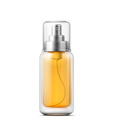 Realistic cosmetics product bottle with a yellow liquid and pump dispenser, offering convenience for controlled dispensing of skincare and beauty products. Oil, serum, gel in transparent glass flaskのイラスト素材