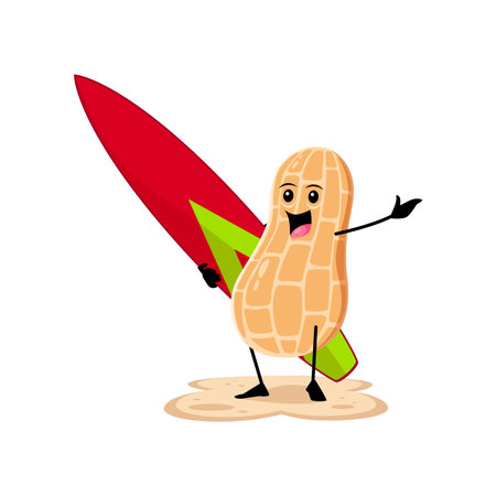 Cartoon cheerful peanut nut pod character confidently standing on a sunny beach with surfing board. Isolated vector personage sporting a wide grin, ready to ride waves during relaxed summer vacationのイラスト素材