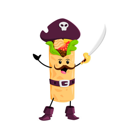 Cartoon burrito pirate and corsair tex mex mexican food character. Isolated vector swashbuckling freebooter roll personage wielding a gleaming saber, ready to conquer the high seas with a fiery spiritのイラスト素材