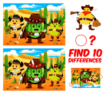 Find ten differences in desert. Cartoon western cowboy, sheriff and robber fruits characters. Matching kids game vector worksheet with watermelon, mango and guava fruit sheriff and bandit personagesのイラスト素材