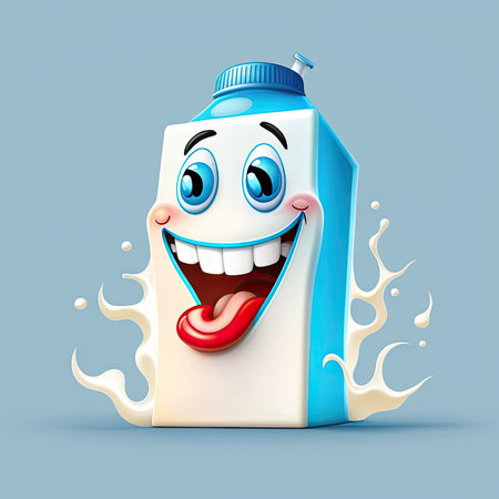 Cute funny happy milk package ai generated drink illustration. Comic drink personage with cheerful expression and splashes, lactose product childish pack. Cartoon kawaii character, dairy foodの素材