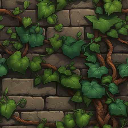 Climbing ivy on wall, creeping fence with leaves ai generated illustration. Old brick wall and green creeper, ancient fence, retro brickwork exterior with ivy floral plant leavesの素材