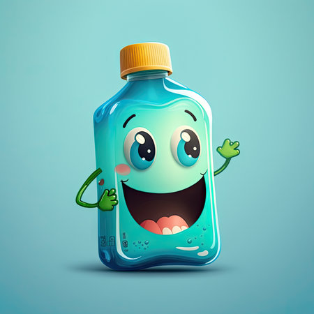 Cute funny happy water cartoon kawaii character fresh beverage ai generated illustration. Bottle with refreshing drink, comic water aqua smiling personage with cheerful expressionの素材