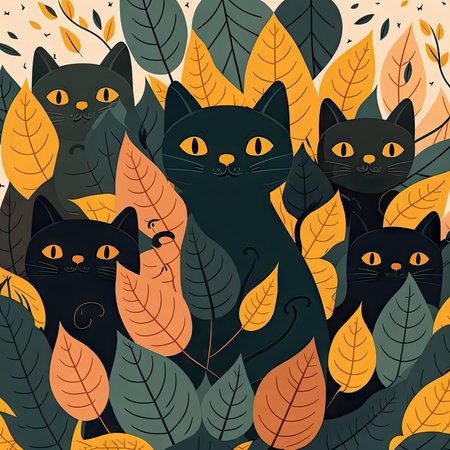 Spy cartoon cats in autumn leaves, black kittens ai generated background, Halloween party illustration. Floral jungle leaf and sitting mysterious retro black cats. Curious petsの素材