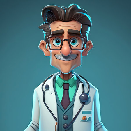 Cheerful doctor ai generated avatar, physician with stethoscope, therapist ai generated cartoon character, physician. Clinic cardiologist, emergency help senior practitioner, professional doctorの素材