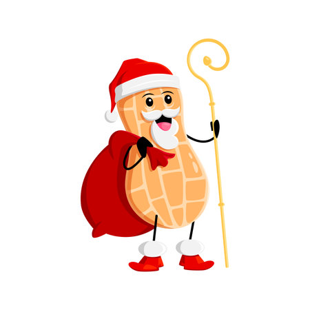 Cartoon Christmas peanut nut Santa character wear red hat holding wooden staff and gifts bag. Isolated vector xmas Father Noel plant pod personage deliver presents and spreading festive spirit and joyのイラスト素材