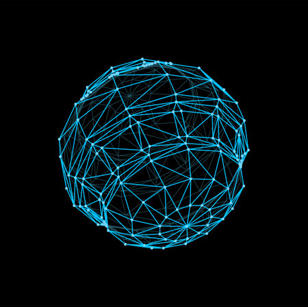 futuristic sphere and 3d wireframe ball shape. Cyber mesh sphere, futuristic geometric vector structure or blue wire line ball. Digital technology 3d polygonal hologram or modelのイラスト素材