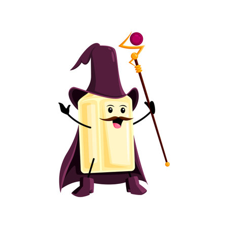 Cartoon Halloween tequila wizard and mage character. Isolated vector mystical bottle personage wear witch hat and cape, enchanting magical concoctions and casting spells. Mustached wiz flaskのイラスト素材
