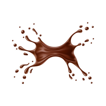 Realistic chocolate milk splash wave with drops, vector cocoa drink and food. Isolated 3d splash of melted dark chocolate, cacao milk shake, liquid choco candy, sauce or syrup, cocoa dessert flowのイラスト素材