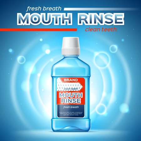 Realistic mouth wash, mouth rinse bottle 3d mockup. Vector mouthwash, oral care and dental hygiene product for clean teeth and fresh breath. Plastic bottle with blue mouthwash liquid, ad posterのイラスト素材