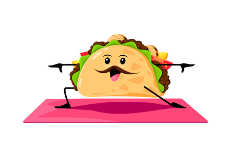 Cartoon Tex Mex Mexican food taco character on yoga fitness. Tex Mex fastfood meal funny character, Mexican cuisine takeaway food isolated vector cute mascot or taco comical personage on yogaのイラスト素材