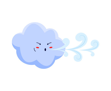 Angry blowing wind, funny cartoon character weather forecast personage. Vector cute windy cloud, weather forecast and meteorology signのイラスト素材