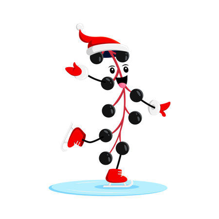 Cartoon Christmas holiday bird cherry berry character gracefully glides on the ice rink. isolated vector personage spreading joy and cheer with each twirl, showcasing festive mood and winter delightのイラスト素材