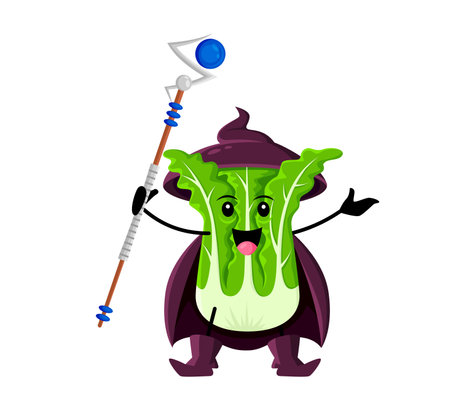 Cartoon Halloween chinese cabbage vegetable wizard character with magical staff casting spells and enchantments with wisdom and power, bring mystical energy, life, growth, and transformations to worldのイラスト素材
