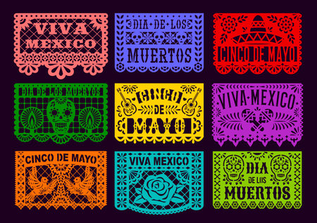 Mexican papel picado paper cut holiday flags. Cinco de mayo, day of the dead, viva Mexico. Vector traditional laser cutting decoration banners with floral pattern, skulls, cacti, flowers or sombreroのイラスト素材