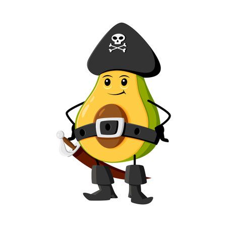 Cartoon avocado pirate and corsair tex mex mexican food character. Isolated vector confident captain fruit. Caribbean filibuster personage, armed with a gleaming saber, stands with arms akimboのイラスト素材