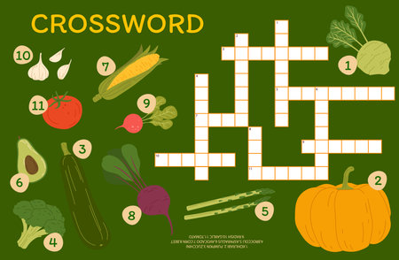 Agricultural crossword quiz game with autumn harvest raw vegetables. Crossword puzzle, vocabulary game vector worksheet with garlic, corn, tomato and radish, avocado, zucchini, pumpkin farm veggiesのイラスト素材