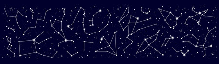 Star constellation border. Night sky map. Vector detailed chart displaying positions of celestial...