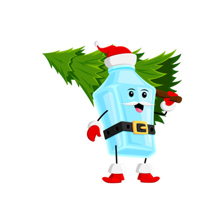 Cartoon Christmas mexican pulque drink character with holiday pine tree. Vector cheerful bottle personage in Santa Claus attire joyfully carries spruce, spreading festive vibe to seasonal celebrationsのイラスト素材