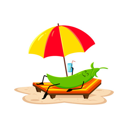 Cartoon cheerful green pea pod character on summer beach vacation. Isolated vector Chilled-out personage with cocktail in hand, lounging on a daybed, soaking up the sun and blissful vibes on holidaysのイラスト素材