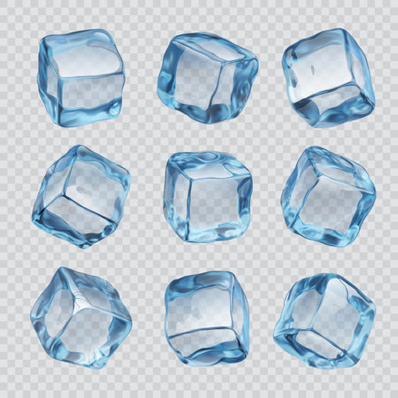 Realistic ice cubes and crystals pieces isolated on transparent background. 3d vector solid frozen water cubes, used to cool drinks and preserve perishables. Made by freezing water in trays or moldsのイラスト素材